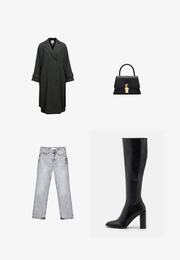 Grijze dubbelbreasted jas van wolmix. Heeft brede revers, een ontspannen pasvorm en opgerolde mouwen met knoopaccenten.; Langsleeve, ronde hals top in crème kleur, gemaakt van zachte stof. Kenmerkt zich door een rechte snit en een minimalistisch ontwerp zonder versieringen.; Grijze denim jeans met een rechte pijp, versleten details, vijf zakken en koperen klinknagels. De tailleband is voorzien van een logo-label.; Zwart leren laarzen tot de knie met een spitse neus en een chunky hak. Vlotte textuur met minimale accenten en een aansluitend schachtontwerp.; Zwarte gestructureerde handtas met een gladde textuur, een enkele handgreep aan de bovenkant en een goudkleurige sluiting detail aan de voorkant. Minimalistisch ontwerp.; Gestructureerde glanzende gouden onregelmatige rechthoekige stud oorbellen met subtiele verhoogde en ingedrukte patronen op een witte achtergrond.