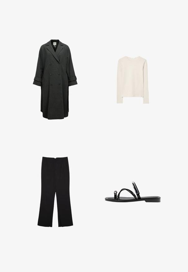 Manteau gris à double boutonnage en tissu mélange de laine. Présente de larges revers, une coupe décontractée et des manches retroussées avec des accents de bouton.; Haut beige clair à manches longues en tissu doux, avec un col rond et une coupe décontractée, un ourlet droit et un minimum de détails de couture.; Pantalon noir avec une coupe droite, doté de poches avant et d'éclairs sur l'ourlet. Fabriqué en tissu doux et lisse. Convient à diverses occasions.; Sandales noires plates avec une finition brillante, trois fines lanières et un détail en métal circulaire au niveau des orteils. Design épuré avec un talon minimal.