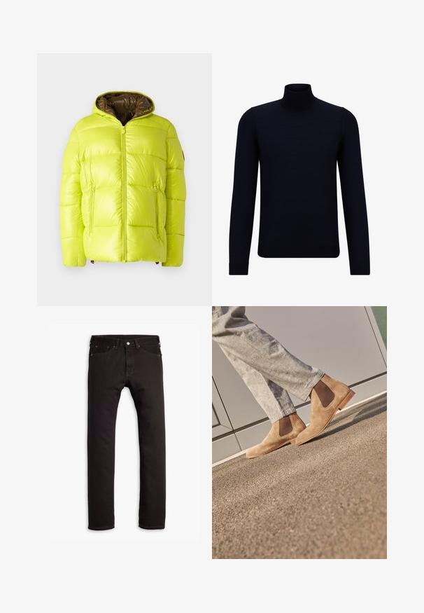 Save the duck EDGARD - Winterjacke - lichen green; Dunkelblauer Rollkragenpullover aus feinem Strickmaterial, mit langen Ärmeln und einem taillierten, hohen Kragen. Keine sichtbaren Muster oder Akzente.; Schwarze schmal geschnittene Jeans mit fünf Taschen und Knopfschluss, flach auf einem weißen Hintergrund präsentiert.; Braune Wildleder Chelsea Boots mit elastischen Seitenpaneelen und einer glatten, tanfarbenen Gummisohle, kombiniert mit hellgrauen Hosen auf einer strukturierten Oberfläche.