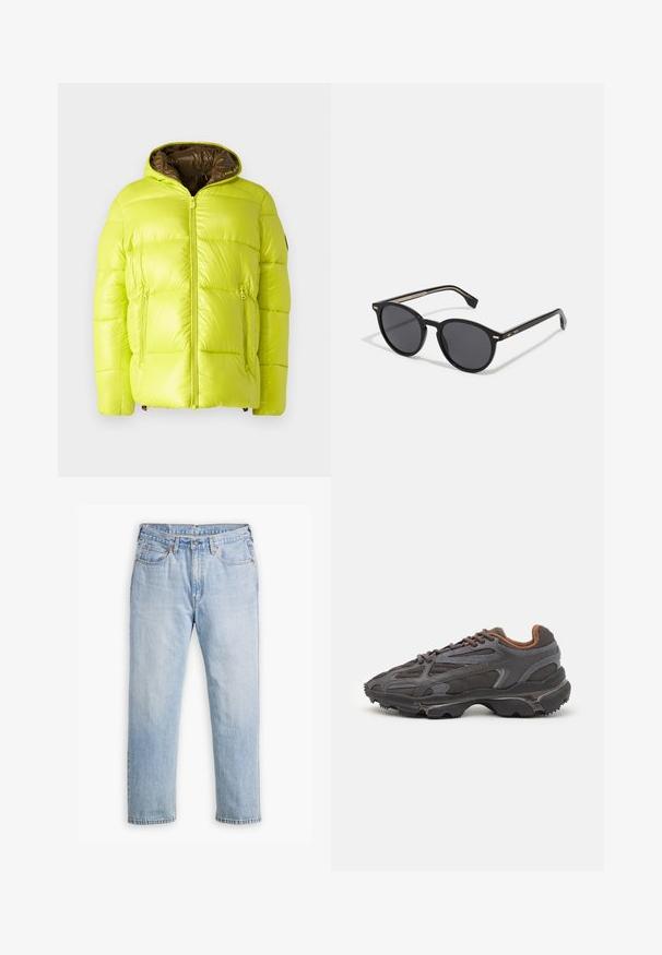 Save the duck EDGARD zielony neon; Czarny, lekki sweter z półzamkiem, z prążkowanymi mankietami i dołem, z małym zielonym logo na piersi.; Jasnoniebieskie dżinsy wykonane z denimu o prostym kroju, styl pięciu kieszeni i kontrastowe szwy. Zapięcie na guziki i zamek błyskawiczny w talii.; Sneakers Lacoste w ciemnoszarym kolorze, wykonane z siateczki i materiału syntetycznego, z teksturowaną podeszwą oraz brązowymi akcentami na kołnierzu i logotypie.; BOSS Okulary przeciwsłoneczne