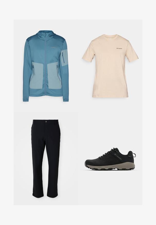 Modrá bunda s kapucňou, vyrobená z ľahkého materiálu, s praktickými zipsovými vreckami, kontrastnými panelmi a embosovaným logom na hrudi.; Béžové tričko s krátkym rukávom vyrobené z bavlny, s malým čiernym logom Columbia na ľavej hrudi. Štandardný dizajn s okrúhlym výstrihom.; Čierne nohavice s gombíkovým zapínaním, rovného strihu, hladkej textúry a bočnými vreckami, vhodné na rôzne príležitosti.; Čierne turistické topánky s hladkým zvrškom, perforovaným dizajnom, šedou podrážkou a vystuženým pätou. Obsahujú šnúrky a pútko pre jednoduché obúvanie.