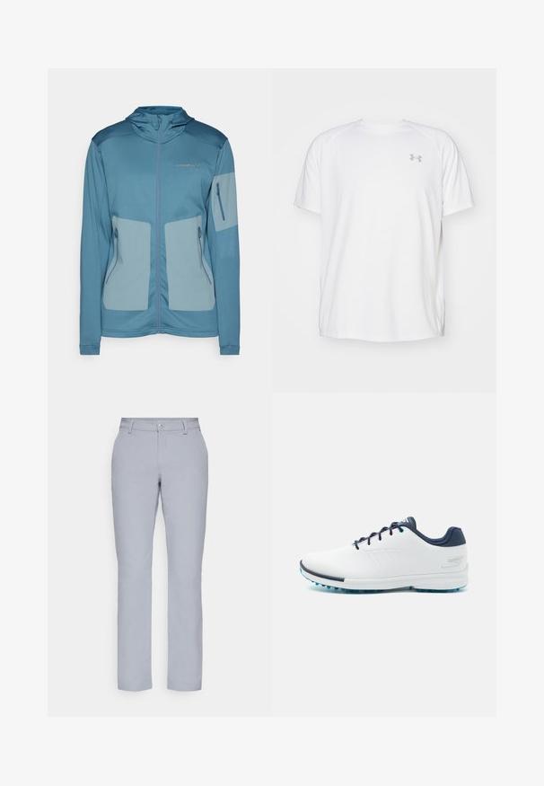 Chaqueta azul con capucha, con un tejido ligero, bolsillos con cremallera, paneles en contraste y logo en relieve en el pecho.; Camisa atlética de manga corta blanca, hecha de tejido suave. Presenta un cuello redondo y un logo gris en el lado izquierdo del pecho, con aberturas laterales en el dobladillo.; Pantalones de color gris claro con corte recto, cierre de botón, bolsillos frontales y una tela lisa y texturizada. Diseño minimalista, sin patrones.; Zapatillas deportivas blancas con una parte superior sintética lisa, acentos en azul, talón texturizado azul marino y una suela ligera con clavos para mayor tracción.