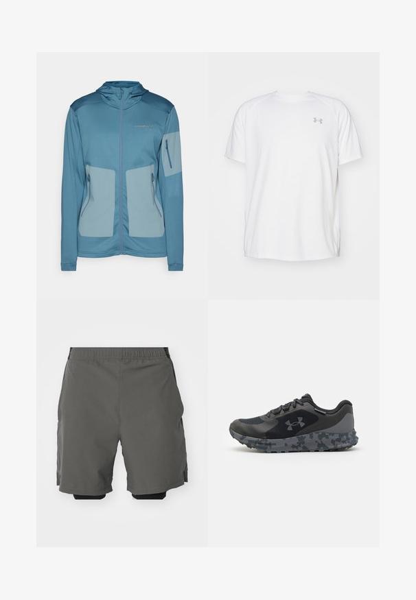 Sininen takki hupulla, jossa on kevyt kangas, vetoketjulliset taskut, kontrastivärit ja kohokuvioitu logo rinnassa.; Valkoinen lyhythihainen urheilupaita, joka on valmistettu sileästä kankaasta. Paidassa on pyöreä kaula-aukko ja harmaa logo vasemmassa rinnassa, sekä sivuhalkiot helmassa.; Harmaat urheilushortsit, joissa on sileä ja kevyt kangas, joustava vyötärö ja sisäiset kompressioprihmat sekä sivutaskut.; Musta urheilukenkä, jossa on teksturoitu päällinen, harmaalla maastokuvioidulla pohjalla ja litteät nauhat. Sivussa on Under Armourin logo.
