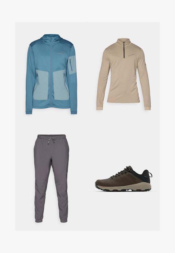 Modrá bunda s kapucňou, vyrobená z ľahkého materiálu, s praktickými zipsovými vreckami, kontrastnými panelmi a embosovaným logom na hrudi.; Béžová košeľa s dlhým rukávom, vysokým golierom a polovičným zipsom. Obsahuje diagonálny šev a jemné branding na hrudi. Hladká textura.; Sivé, ľahké nohavice s elastickým pásom a nastaviteľnou šnúrkou; zúžené nohavice; hladká textúra; obsahuje logo detail na boku.; Hnedé vodoodolné tenisky s textúrovaným zvrškom, perforovanými detailmi, čiernou oporou päty a šedou gumovou podrážkou. Šnúrky sú ozdobené kovovými koncami.