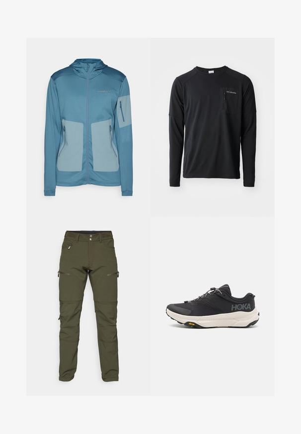 Sinine jope kapuutsiga, millel on kerge kangas, lukuga taskud, kontrastsed paneelid ja reljeefne logo rinnal.; Columbia COLUMBIA TECH™ LONG SLEEVE CREW - Pikkade varrukatega topp - black; Oliivrohelised püksid, mis on valmistatud venivast kangast. Omab kahte lukuga küljetaskut ja põlveõmblusi paindlikkuse tagamiseks. Kergelt istuv disain koos sileda tekstuuriga.; Mustmustun mustus kingad tekstuurse ülusega, hallide aktsentidega, peegeldavate detailidega ning paksu valge tallaga, millel on Vibram'i bränding.