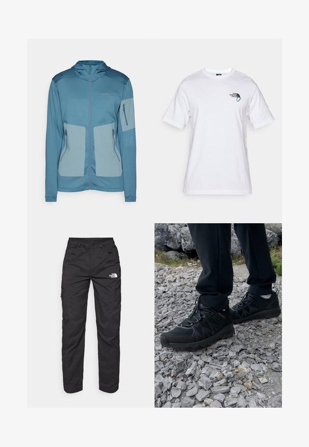 Blå jakke med hette, laget av lett stoff, med glidelåslommer, kontrasterende paneler og preget logo på brystet.; The North Face EXPLORE CARABINER RELAXED TEE UNISEX - T-shirts med print - white; Sorte cargo bukser laget av lett stoff. Har glidelåslommer på siden og et logo på venstre lår. Rett ben-design.; Sorte utendørssko i svart med mesh og syntetisk materiale, med en teksturert overdel, sikret snøresystem og en robust såle, på steinete terreng.