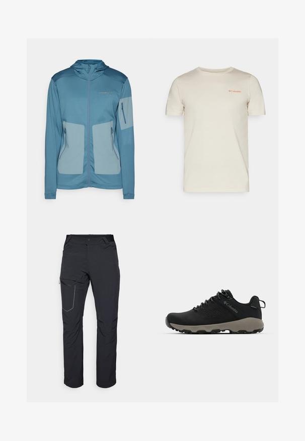 Μπλε μπουφάν με κουκούλα, κατασκευασμένο από ελαφρύ ύφασμα, με φερμουάρ στις τσέπες, αντίθετα πάνελ και ανάγλυφο λογότυπο στο στήθος.; Κρεμ μπλουζάκι κοντό μανίκι από μαλακό βαμβάκι, με μικρό κόκκινο λογότυπο Columbia στο πάνω αριστερό μέρος.; Μαύρο παντελόνι εξωτερικού χώρου με τσέπη μηρού με φερμουάρ, ελαστική μέση και λείο, αδιάβροχο ύφασμα. Καθαρός σχεδιασμός χωρίς ορατά λογότυπα.; Μαύρο ορειβατικό παπούτσι με λείο επάνω μέρος, διάτρητο σχέδιο, γκρι σόλα και ενισχυμένη φτέρνα. Διαθέτει κορδόνια και κρίκο για εύκολη φόρμα.