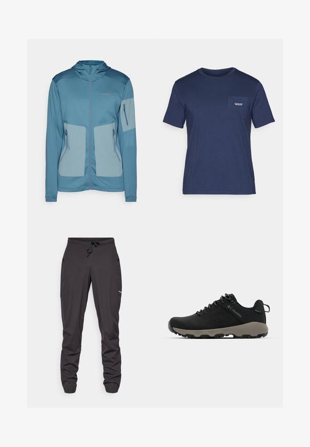 Modra jakna s kapuco, izdelana iz lahkotnega materiala, z zadrgo in žepi, kontrastnimi paneli ter embosiranim logotipom na prsih.; Temno moder bombažna majica s kratkimi rokavi, okroglim ovratnikom in žepom na prsih, ki vsebuje majhno oznako logotipa. Mehka tekstura, klasičen kroj.; Črne športne hlače z vrvico in stranskimi žepi, nekoliko pomirjene tkanine, z majhnim vidnim logotipom na desnem stegnu.; Črne pohodniške čevlje z gladkim zgornjim delom, perforiranim dizajnom, sivo podplatom in ojačanim petnim delom. Imajo vezalke in zanko za enostavno obuvanje.