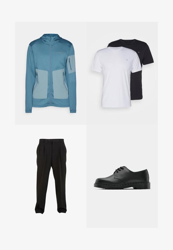 Giacca blu con cappuccio, realizzata in tessuto leggero, dotata di tasche con zip, pannelli a contrasto e logo in rilievo sul petto.; Due magliette in cotone, una bianca e una nera, a maniche corte con scollo tondo, caratterizzate da un piccolo logo sul petto e una trama liscia.; Pantaloni neri in tessuto morbido, con pieghe frontali, vita con bottone e polsini a gamba affusolata. Silhouette classica e sartoriale.; Scarpa oxford in pelle nera con design con lacci, punta arrotondata, suola piatta in gomma e dettagli di cucitura discreti lungo la parte superiore.