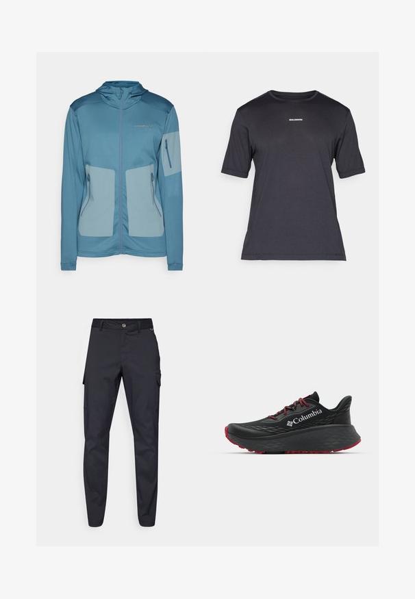 Modra jakna s kapuco, izdelana iz lahkotnega materiala, z zadrgo in žepi, kontrastnimi paneli ter embosiranim logotipom na prsih.; Črna kratkosrajčna performančna majica iz dihalnega blaga, s krožno izrezom in majhnim belim logotipom "SALOMON" na prsih.; Mornarske cargo hlače iz trpežnega materiala, z gumbom za zapiranje, petimi žepi in zoženimi nogami z rahlo teksturo.; Črne atletske čevlje s teksturiranim zgornjim delom, rdečimi vezalkami in logotipom. Debel podplat s patternom za boljši oprijem. Minimalistična zasnova, stranski pogled.