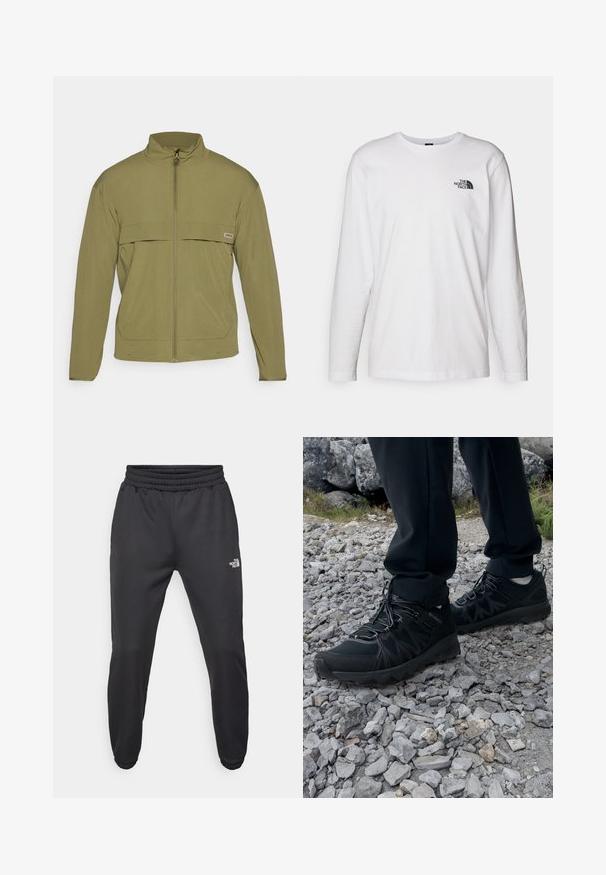Oliwkowa kurtka rozpinana z wysokim kołnierzem, wyposażona w płaską kieszeń na klatce piersiowej oraz gładki, lekki materiał. Prosty design, bez wzorów.; Biała koszulka z długim rękawem wykonana z bawełny, z okrągłym dekoltem. Posiada małe czarne logo na piersi. Gładka faktura, regularny krój.; Czarne dresy z elastycznym paskiem w talii, zwężanym krojem, elastycznymi mankietami i małym białym logo na lewej udzie, wykonane z gładkiego materiału.; Czarne buty outdoorowe wykonane z siateczki i materiału syntetycznego, z fakturowaną cholewką, zabezpieczonym systemem sznurowania i solidną podeszwą, na skalistym terenie.