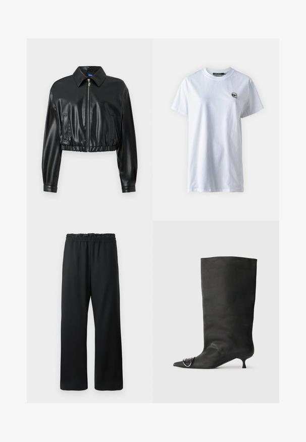 Zwarte cropped jas van glanzend faux leder, met een kraag, ritssluiting, en een geplooide zoom met twee zijzakken.; Witte katoen t-shirt met korte mouwen, ronde halslijn en een klein zwart logo op de linkerkant van de borst. Glad textuur, casual pasvorm.; Zwarte broek met een wijd uitlopende pasvorm, elastische tailleband met drawstring en een soepel, lichtgewicht materiaal. Inclusief zijzakken.; Zwarte leren enkelboot met een spitse neus, een kleine hak en metalen accentdetails op de neus. Gladde, matte textuur overal.