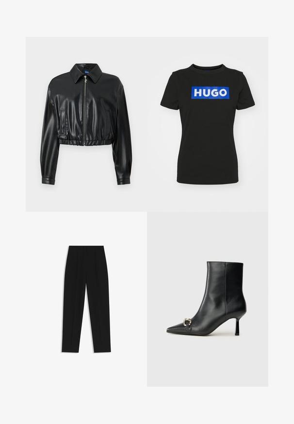 Veste noire courte en simili cuir brillant, avec un col, une fermeture éclair, et un ourlet froncé avec deux poches latérales.; T-shirt noir à manches courtes en coton, avec un grand graphique rectangulaire bleu comportant le mot "HUGO" en lettres blanches épaisses.; Pantalon noir à coupe droite, avec des plis doubles, une texture lisse et un design de taille classique. Pas de matériel ou d'accents visibles.; Bottine en cuir noir avec un bout pointu, un talon moyen fin et un détail de boucle en argent sur le côté, se détachant sur un fond uni.