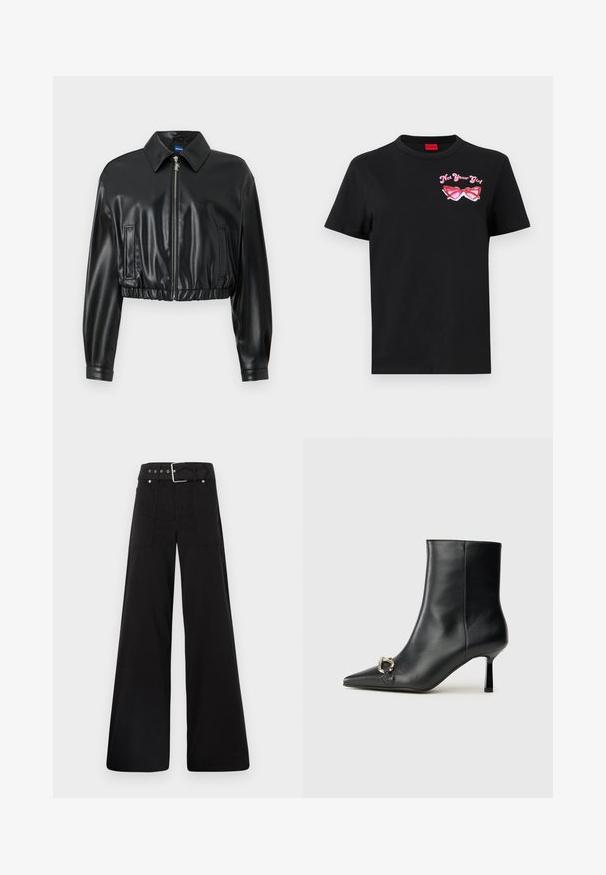 Juodas trumpas švarkas iš blizgios dirbtinės odos, turintis apykaklės iškirptę, užtrauktuko uždarymą ir renkamą apatinę dalį su dviem šoninėmis kišenėmis.; Juodas medvilnės marškinėliai su trumpomis rankovėmis, kuriuose kairėje krūtinės pusėje pavaizduoti rožiniai akinių grafiką ir tekstas "Ne tavo mergina".; Juodos plačios kojų kelnės, pagamintos iš medvilnės, su aukšta liemene, didelėmis šoninėmis kišenėmis ir diržu, papuoštu sidabriniais akcentais.; Juodas odinis apavas iki kulkšnies su smailiu nosiu, plonu vidutinio aukščio kulnu ir sidabriniu sagties akcentu šone, prieš paprastą foną.