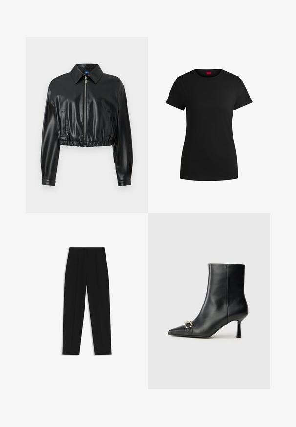 Veste noire courte en simili cuir brillant, avec un col, une fermeture éclair, et un ourlet froncé avec deux poches latérales.; T-shirt noir en coton avec des manches courtes roulées, un col rond et une étiquette rouge. Texture lisse, forme ajustée avec un minimum de détails.; Pantalon noir à coupe droite, avec des plis doubles, une texture lisse et un design de taille classique. Pas de matériel ou d'accents visibles.; Bottine en cuir noir avec un bout pointu, un talon moyen fin et un détail de boucle en argent sur le côté, se détachant sur un fond uni.