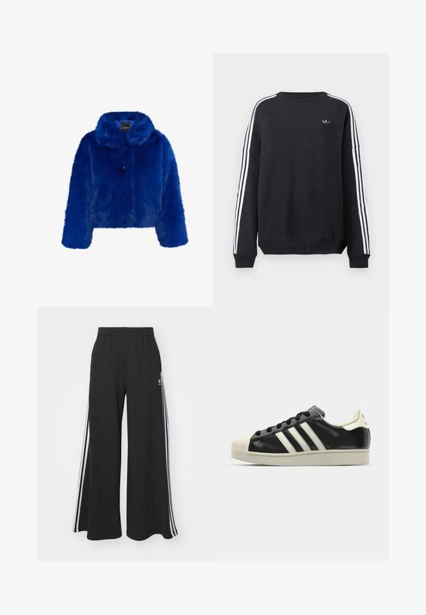 Giacca in pelliccia sintetica di un blu vivace, con colletto, quattro bottoni frontali e maniche lunghe con un design cropped. Texture morbida su tutta la superficie.; Felpa nera con maniche lunghe, strisce bianche che corrono lungo ogni braccio e un piccolo logo grigio sul petto. Materiale in cotone, vestibilità casual.; Pantaloni in felpa neri a gamba larga con vita elastica, dotati di strisce bianche sui lati e un logo ricamato sulla coscia sinistra.; Sneaker in pelle nera con strisce bianche, punta in gomma, lacci neri e suola di colore crema. Texture liscia con finitura brillante.