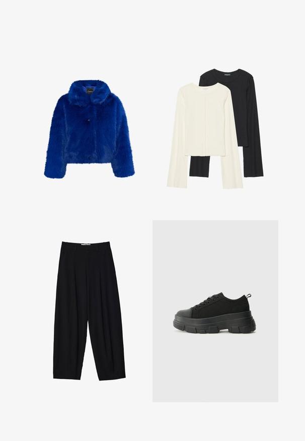 Lažni krzneni kaput u vibrantnoj plavoj boji, s ovratnikom, četiri gumba sprijeda i dugim rukavima s kratkim dizajnom. Mekana tekstura kroz cijeli kaput.; Set od dvije duge majice s dugim rukavima u bijeloj i crnoj boji. Rebrasta tekstura, okrugli izrez, uski kroj s blago raširenim rukavima.; Crne široke hlače od laganog materijala, s prednjim plitkim nabora, klasičnim pojasom i bočnim džepovima. Glatka tekstura.; Crne tenisice s debelim gumenenim potplatom, teksturiranim gornjim dijelom od tkanine, okruglim vrhom i dizajnom s vezicama. Imaju pojačane rupice za vezice i dodatak za povlačenje straga.