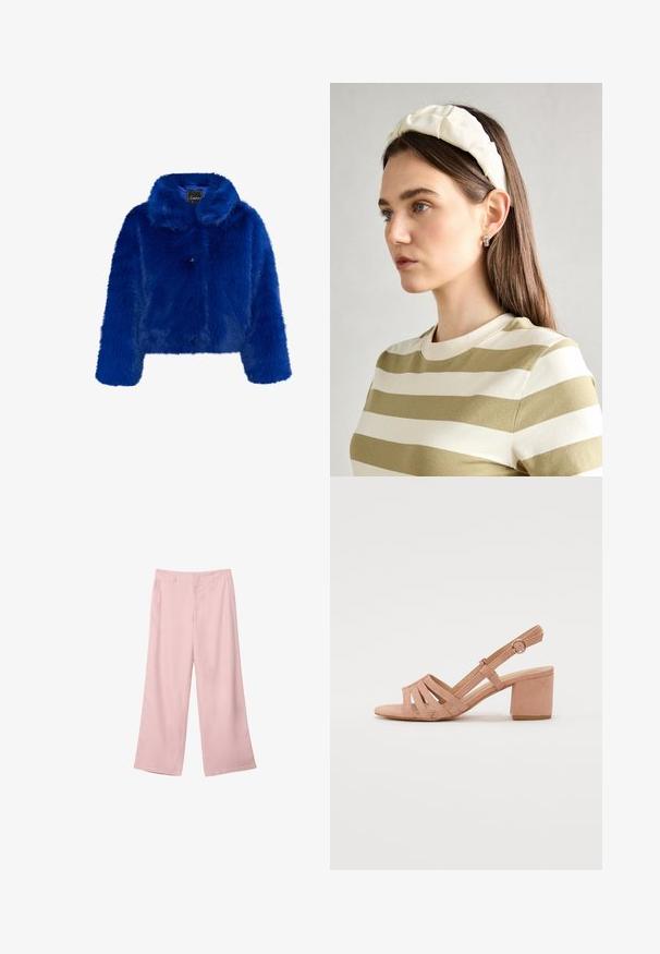 Falešná kožešina v živé modré barvě, s límcem, čtyřmi předními knoflíky a dlouhými rukávy s kratším střihem. Měkká textura po celé ploše.; Bílý krátký rukáv tričko s širokým kulatým výstřihem a texturovaným žebrovaným vzorem, vyrobené z měkké látky, s uvolněným střihem a čistým designem.; Světle růžové široké kalhoty z hladké tkaniny. Mají strukturovaný pas a rovné, splývavé nohavice, bez viditelných vzorů nebo kovových doplňků.; Růžové sandály na blokovém podpatku s páskovým designem, otevřenou špičkou a nastavitelním kotníkovým páskem s kulatou sponou.; Krémová polstrovaná čelenka s twist designem, doplněná béžovým a bílým pruhovaným tričkem s kulatým výstřihem. Jemné šperky.