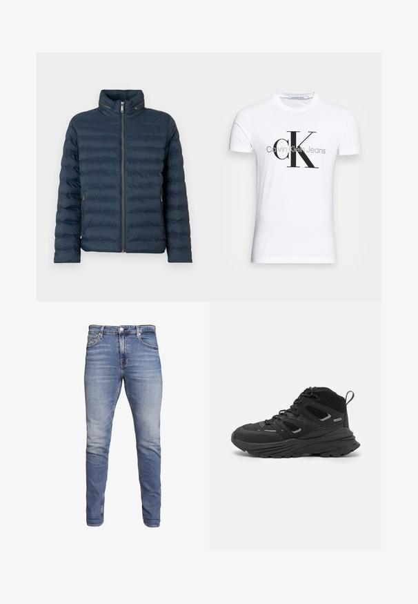 Temno moder prešit puh jakna z zadrgo spredaj, visokim ovratnikom, žepki z zadrgo na straneh in subtilnim logotipom "ck" na prsih.; Bela bomba majica iz bombaža z črnim logotipom "CK" in napisom "Calvin Klein Jeans", kratkimi rokavi in klasičnim okroglim ovratnikom.; Modre slim-fit kavbojke s petimi žepi, zbledelim pranjem, gumbom za zapiranje in zankami za pas, prikazane na belem ozadju.; Črne pohodne čevlje z večplastno zasnovo, teksturirano tkanino in gumijastim podplatom, z ojačanimi deli in vezalkami spredaj.