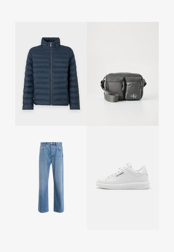 Geacă matlasată de culoare bleumarin, cu fermoar frontal, guler înalt, buzunare laterale cu fermoar și logo subtil "ck" pe piept.; Cămașă cu mâneci lungi și guler înalt din bumbac crem deschis. Textură netedă, croială lejeră, design minimalist, fără modele sau accente vizibile.; Jeans din denim bleu deschis cu un design drept, cinci buzunare, închidere cu buton, decolorare minimă și detalii de cusătură în contrast.; Tenis albi din piele netedă cu un model debossat. Are vârful rotund, șireturi în față și talpă texturată. Detaliu logo argintiu pe lateral.; Geantă din nylon gri, tip crossbody, cu două buzunare frontale cu fermoar, curea ajustabilă și accent logo. Textură netedă, cu un design modern.