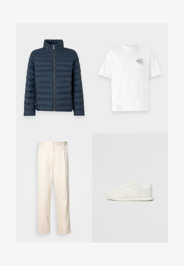 Tumesinine tikitud puffer-jakk esitõmblukuga, kõrge kraega, külgedel tõmblukuga taskutega ja õrnalt rinnal "ck" logoga.; Valge puuvillane T-särk lühikeste varrukatega, ümmarguse kaelusega, mille vasakul rinnal on must CK logo, tavaprofiil, sile tekstuur.; Beesidised puuvillased püksid sirge jala lõikega, mis on varustatud nööpkinnituse ja ees olevate voltidega, et lisada detaili.; Valged tennisesid, millel on võrgust ja sünteetilisest materjalist ülemine osa, ümar varvas, lamedad paelad ja tekstureeritud külgmine triip. Kummist tallaosa, tagaküljel tõmbetab.