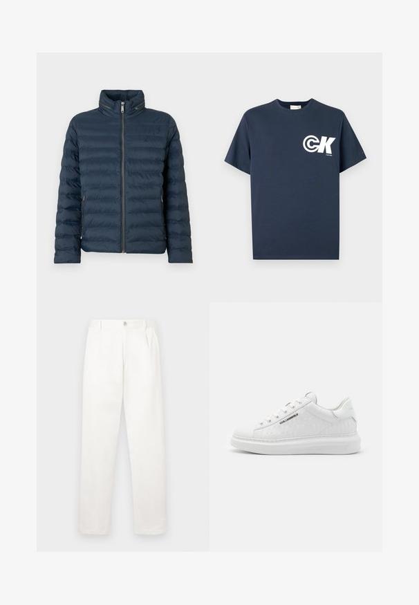 Navy blue quilted puffer jacket with front zipper, high collar, zippered side pockets, and subtle "ck" logo on the chest.; Navy blue short-sleeve crew neck T-shirt with white CK logo and "Calvin Klein" text on the left chest.; White trousers made from smooth fabric, featuring a straight leg design, front pleats, and a single button closure at the waist.; White sneaker made of smooth leather with embossed pattern. Features round toe, lace-up front, and textured sole. Silver logo detail on side.