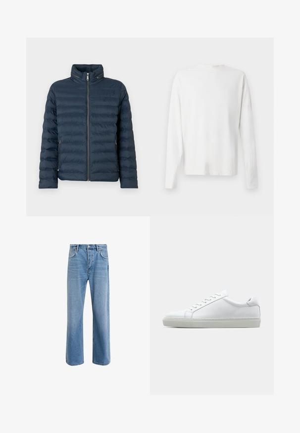 Tmavě modrá prošívaná péřová bunda s předním zipem, vysokým límcem, kapsami na zip po stranách a nenápadným logem "ck" na hrudi.; Bílá bavlněná košile s dlouhým rukávem a kulatým výstřihem, s bočními rozparky na spodní části a hladkým povrchem, vystavená zezadu.; Světle modré džínové kalhoty s rovnými nohavicemi, pěti kapsami, zapínáním na knoflík, minimálním vyblednutím a kontrastním prošitím.; Bílé tenisky s hladkým koženým svrškem a nízkým profilem. Mají zaoblenou špičku, šest nýtů a texturovanou gumovou podrážku.