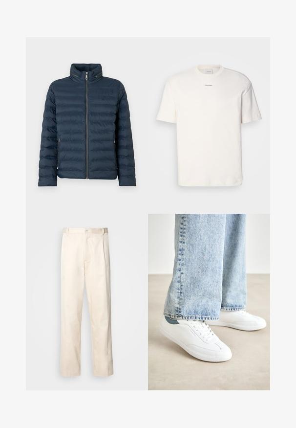 Tengerészkék, steppelt pufi dzseki elülső cipzárral, magas gallérral, cipzáras oldalzsebekkel és finom "ck" logóval a mellrészen.; Fehér pamut póló, kerek nyakkal, rövid ujjakkal és hímezett "Calvin Klein" logóval a mellkas közepén. Egyszerű design.; Beige pamut nadrág egyenes szárú kivágással, gombos záródással és elülső redőkkel a részletek fokozása érdekében.; Fehér sportcipők sima anyagból, fűzős kialakítással, texturált gumitalppal és türkiz színű akcentussal a sarkán, világoskék farmernadrággal párosítva.
