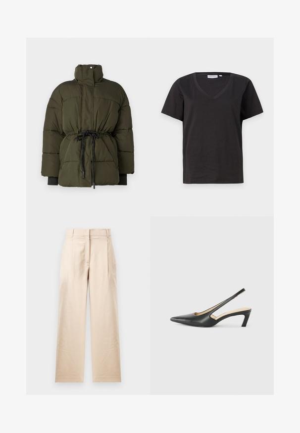 Φούτερ μπουφάν από σκούρο πράσινο ύφασμα με εφαρμοστό μέση, ψηλό γιακά και ελαστικές μανσέτες. Διαθέτει κορδόνι στη μέση για ρυθμιζόμενη εφαρμογή.; Μαύρο βαμβακερό T-shirt με V λαιμόκοψη και κοντά μανίκια. Απλός σχεδιασμός με κανονική εφαρμογή και χωρίς μοτίβα ή διακοσμητικά.; Μπεζ παντελόνια φτιαγμένα από λεία ύλη. Διαθέτουν ίσια γραμμή, επίπεδο μπροστινό μέρος και δύο πτυχές. Χωρίς ορατά σχέδια ή αξεσουάρ.; Μαύρο παπούτσι slingback με αιχμηρή μύτη και χαμηλό τακούνι, κατασκευασμένο από λείο δέρμα με σχέδιο κοπής στη πλευρά για αερισμό.