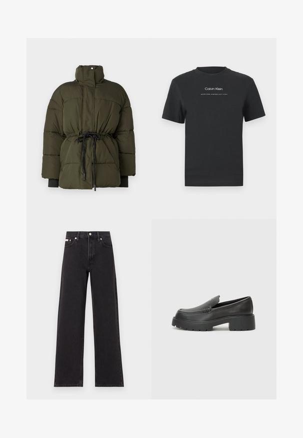 Kurtka puchowa w ciemnozielonym kolorze z wcięciem w talii, wysokim kołnierzem i elastycznymi mankietami. Posiada sznurek w talii do regulacji.; Czarny bawełniany T-shirt z okrągłym dekoltem, krótkimi rękawami i białym nadrukiem logo "Calvin Klein" oraz tekstem "Established 1968".; Czarne dżinsy o szerokich nogawkach, wykonane z denimu, z wysokim stanem, pięcioma kieszeniami oraz metalowym zapięciem z kontrastowym szwem.; Czarne skórzane mokasyny z zaokrąglonym noskiem, grubą fakturowaną podeszwą oraz minimalnymi detalami szycia. Elegancki design bez widocznych sznurowadeł czy elementów metalowych.