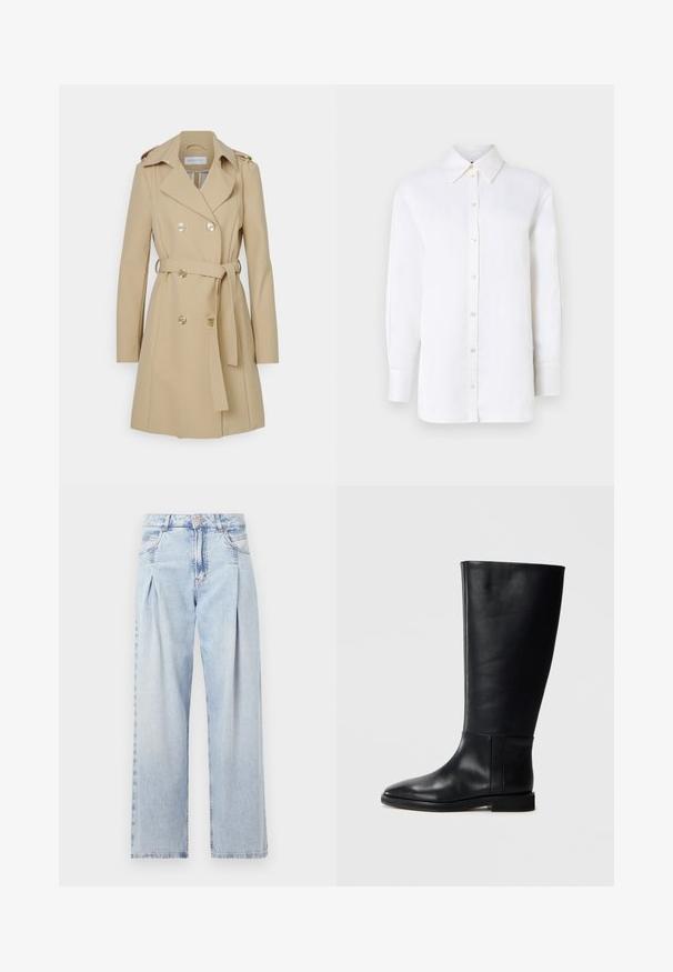 Patrizia Pepe Trenčkot - triking beige; Bílá lněná košile na knoflíky s špičatým límcem, dlouhými rukávy a knoflíkovým zapínáním. Nabízí uvolněný střih a hladkou texturu.; Světlé modré džíny z denimu s vysokým pasem, širokým střihem, dvěma bočními kapsami a nařaseným designem. Měkká textura s vybledlým povrchem.; Černá kožená vysoká bota s kulatou špičkou, hladkou texturou, minimalistickým designem a plochou podrážkou. Jednoduché švy na holeně.