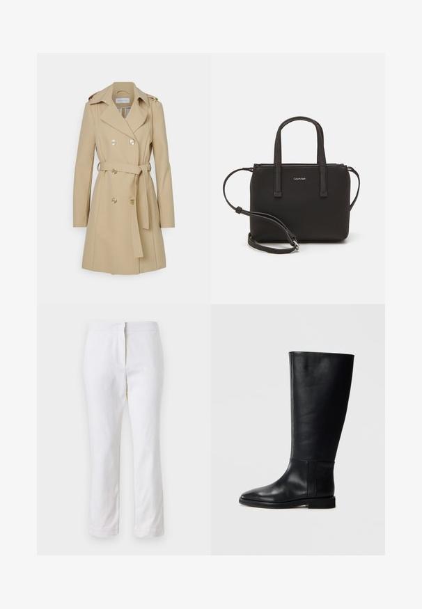 Patrizia Pepe Trenčkot - triking beige; Bela bombažna majica s kratkimi rokavi, okroglo izrezana in ohlapnega kroja. Gladka tekstura, brez vzorcev ali dodatkov, minimalističen dizajn.; Beli bombažne hlače s ravnim krojem, srednje visoko pasom, brez vidnih kovinskih elementov ali vzorcev. Gladka textura po vsej površini.; Črne usnjene škornje do kolen z zaobljenim nosom, gladko teksturo, minimalističnim dizajnom in ravnim podplatom. Preproste šivane detajle na zgornjem delu.; Črna torbica z dvema kratkima ročajema in odstranljivim naramnim trakom. Gladek usnju podoben material z zadrgo in podrobnostmi z logotipom.
