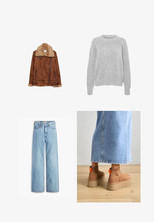Braune Wildleder-Bikerjacke mit beigem Schaffellkragen und -manschetten, asymmetrischem Reißverschluss, Reißverschlusstaschen und Schnallenriemen am Saum.; Grauer Strickpullover mit langen Ärmeln, Rundhalsausschnitt, gerippten Bündchen und Saum, mit weicher Textur und lockerer Passform.; Hochgeschnittene, hellblaue Schlagjeans mit Frontknopf und Reißverschluss, Gürtelschlaufen und fünf Taschen.; Braune Wildleder-Plateau-Stiefel mit elastischen Seitenpaneelen und orangen Zuglaschen, kombiniert mit einem knielangen hellen Jeansrock auf einem Holzboden.