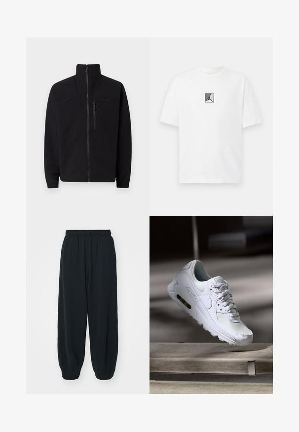 Črna softshell jakna z dvignjenim ovratnikom, sprednjim zadrgo in žepom na zadrgo na prsih. Ima elastične manšete in gladko teksturo.; Bela bombažna majica z osrednjim črno-sivim logotipom. Klasičen kroj z okrogłym izrezom in kratkimi rokavi ter udobnim fitom.; Črne, elastične hlače za prosti čas z ohlapnim krojem, manšetami na gležnjih, gladko teksturo in brez vidnih vzorcev ali dodatkov.; Bela Nike Air Max 90 športna obutev z mrežastim in usnjenim zgornjim delom, perforiranim prstnim delom in vidno zračno enoto v peti.