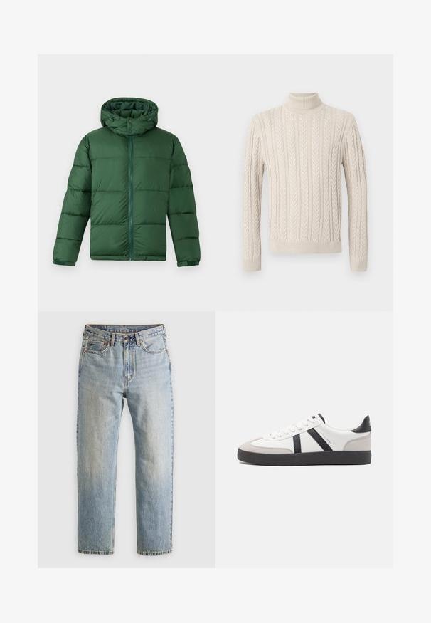 Grøn polstret jakke med hætte, der har en frontlynlås, knaplukninger og en quiltet design til isolering. Glat tekstur.; Beige, strikket sweater med en høj, ribbet turtleneck. Har et struktureret kabelmønster samt ribbede ærmer og kant, hvilket giver et hyggeligt udseende.; Lysblå denim jeans med høj talje, frontknap, lynlås og fem-lomme design, lagt fladt på en neutral baggrund.; Hvide sneakers med sorte og grå detaljer, med en tekstureret grå tåhætte, sort gummisål og flade hvide snørebånd. Rent design, minimalistisk stil.