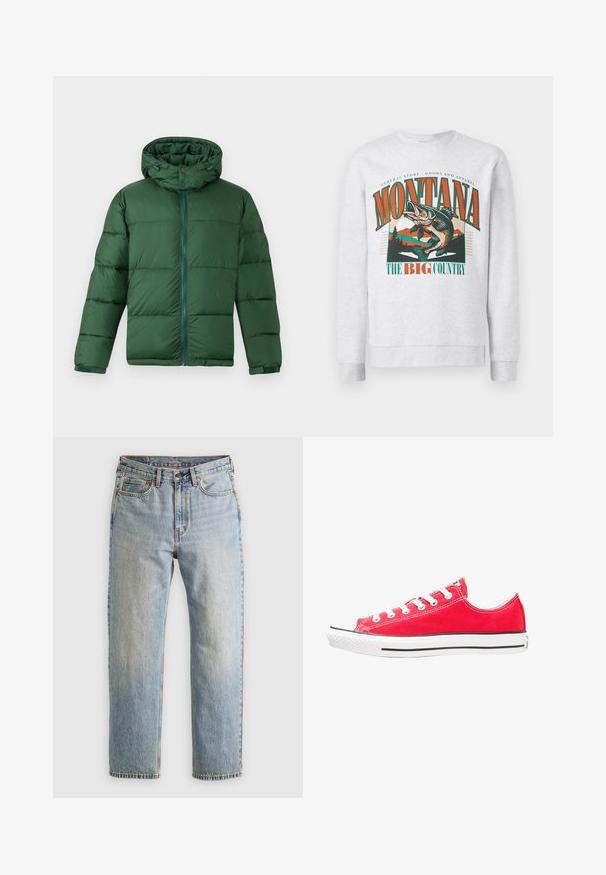 Zaļš polsterēts mētelis ar kapuci, ar priekšējo rāvējslēdzēju, pogu aizdari un šūtu dizainu siltuma izolācijai. Gluda tekstūra.; Gaiši pelēks treniņtērps ar lielu grafiku, kurā redzams lēcošs zivs, kalni un koki, ar tekstu "Montana The Big Country" oranžā un zaļā krāsā.; Gai zila denima bikses ar augstu jostasvietu, priekšējo pogu, rāvējslēdzēju un piecu kabatu dizainu, izlīdzinātas uz neitrāla fona.; Sarkans audekla sporta apavi ar baltu gumijas purngalu un zoli. Iespējas piecas baltas acs caurumu pāri, melns sānu svītra un teksturēta virsma.