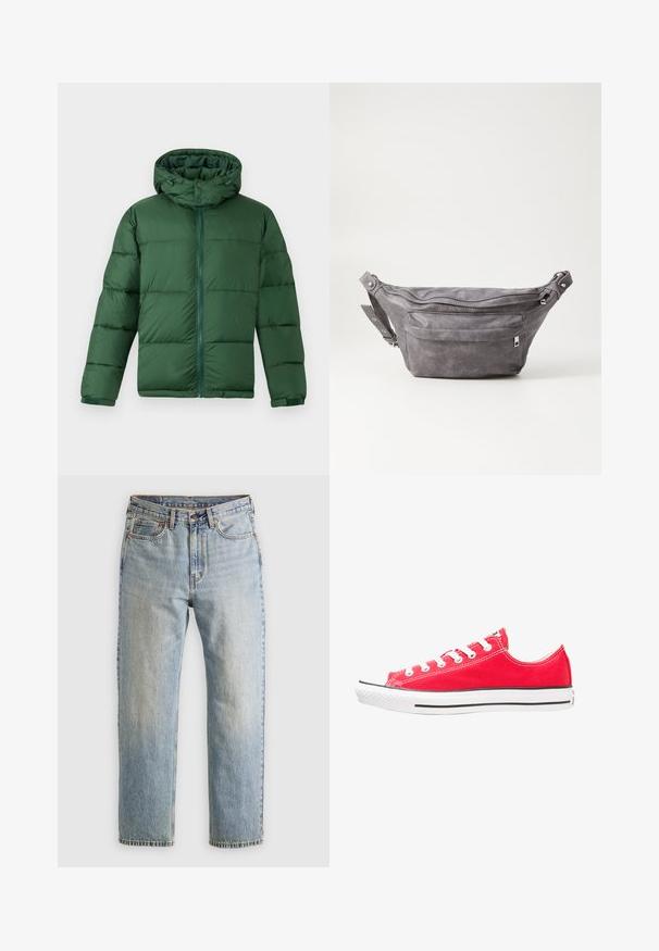 Green padded jacket with a hood, featuring a front zipper, button closures, and a quilted design for insulation. Smooth texture.; Light gray sweatshirt with a large graphic of a jumping fish, mountains, and trees, with "Montana The Big Country" text in orange and green.; Light blue denim jeans with high waist, front button, zipper, and five-pocket design, laid flat on a neutral background.; Red canvas sneaker with white rubber toe cap and sole. Features five pairs of white eyelets, black side stripe, and textured surface.; Gray suede fanny pack with a rounded shape, two zippered compartments, and adjustable strap. Features metal hardware accents.