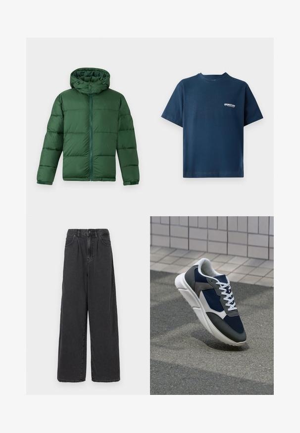 Grøn polstret jakke med hætte, der har en frontlynlås, knaplukninger og en quiltet design til isolering. Glat tekstur.; Mørkeblå bomulds-t-shirt med korte ærmer og rund halsudskæring. Har et lille hvidt logo på venstre brystområde. Blød tekstur.; Bredde ben, høj talje sorte denimbukser med frontknap og lynlås, der har sidelommer og en glat overflade.; Sneakers med en overdel i marineblå mesh, grå suedeteksturer, hvid gummisål og flade hvide snørebånd, designet til komfort og åndbarhed.