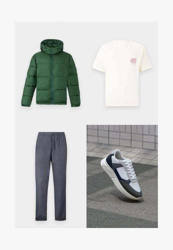 Grøn polstret jakke med hætte, der har en frontlynlås, knaplukninger og en quiltet design til isolering. Glat tekstur.; Hvid kortermet T-shirt med rød tekst "Studio Originals Edition" på venstre bryst, vist på en neutral grå baggrund.; Grå bukser lavet af glat stof, med snøre og sidelommer. Lige ben design med en ren finish.; Hvide, marineblå og grå sneakers med et design i blandede materialer, der har en tekstureret overdel, flade snørebånd og en polstret sål.