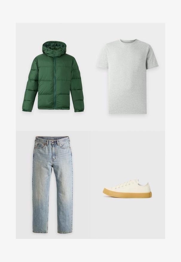 Roheline pehmendusega jakk kapuutsiga, millel on ees lukuga sulgemine, nupud ja tikand, pakkudes soojendust. Sile tekstuur.; Ühtlane heledahall lühikeste varrukatega ümmarguse kaelusega T-särk, esiplaanil, valge tausta ees, ilma nähtavate logode või kujunditeta.; Heledad hele sinine teksapükste kõrge vöökoht, ees nupuga, lukuga ja viie taskuga disain, asetatud tasasele neutraalsele taustale.; Kangasneakerid kreemjas valges, ümmarguse varbaga, beeži kummitaldaga ja viie silmaga paelte jaoks, tekstuurse viimistlusega ülaserv.