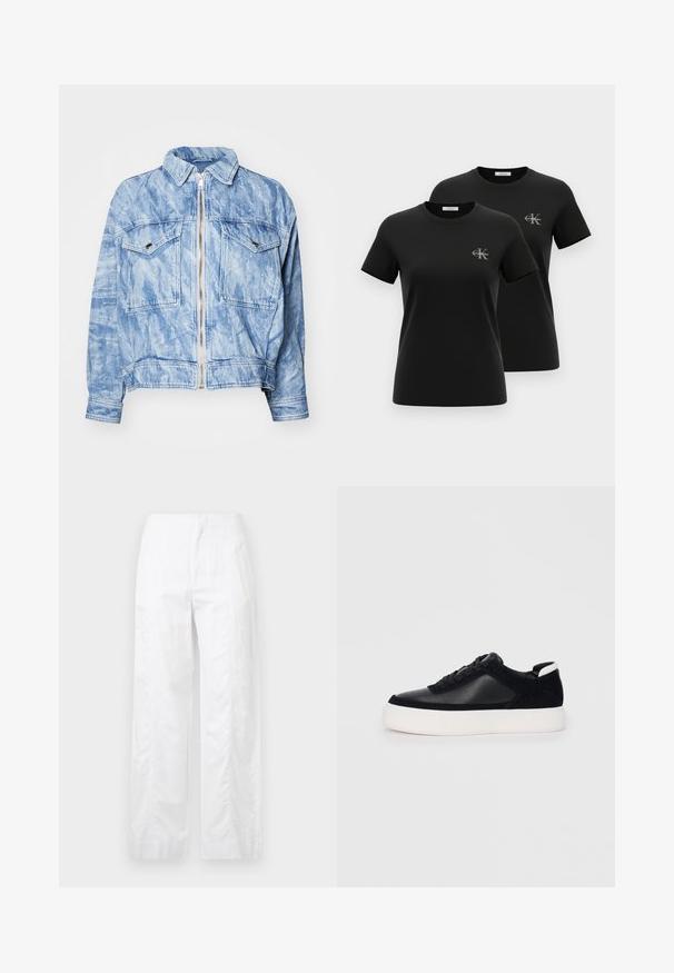 Svijetloplavi traper jakna s patentnim zatvaračem sprijeda, s dva džepa na grudima i kragnom. Ima teksturiranu tkaninu s izblijedjelom obradom i detaljima šavova.; Dve črni majici s kratkimi rokavi in okroglim izrezom, vsaka z majhnim sivim logotipom "CK Calvin Klein" na levi strani prsi, prikazani na belem ozadju.; Bela široka hlače iz lahkega materiala, ki se ponašajo z gladko teksturo, čistimi linijami in visokim pasom.; Črne športne copate z gladko usnjeno in semišnimi paneli, ravnimi vezalkami, zaobljenim nosom in belim gumijastim podplatom. Oznaka na peti.