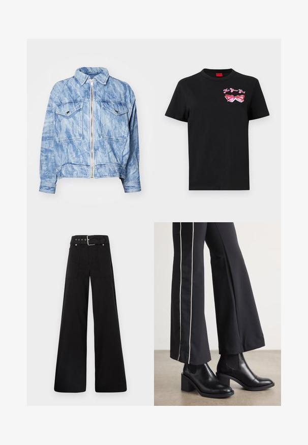 Ανοιχτό μπλε τζάκετ από τζην με φερμουάρ μπροστά, δύο τσέπες στο στήθος και γιακά. Διαθέτει υφαντό ύφασμα με ξεθωριασμένο φινίρισμα και λεπτομέρειες ραφής.; Μαύρο βαμβακερό T-shirt με κοντά μανίκια, που διαθέτει ροζ γραφικό με γυαλιά ηλίου και το κείμενο "Not Your Girl" στο αριστερό μέρος του στήθους.; Μαύρο παντελόνι με φαρδιά ποδιά φτιαγμένο από βαμβάκι, με ψηλή μέση, μεγάλες πλαϊνές τσέπες και ζώνη με μεταλλικά αξεσουάρ σε ασημί απόχρωση.; Μαύρες δερμάτινες μπότες μέχρι τον ασρό με τετράγωνη φτέρνα, που διαθέτουν ελαστικές πλάγιες ρίγες. Συνδυασμένες με μαύρο παντελόνι που έχει λευκή πλαϊνή ρίγα.