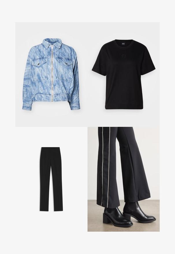 Ljusblå denimjacka med dragkedja framtill, två bröstfickor och krage. Har ett strukturerat tyg med en blekt tvätt och sömdetaljer.; Svart bomullströja med rund halsringning, korta ärmar och en broderad logotyp på bröstet. Enkel, avslappnad passform utan mönster.; Svarta skräddarsydda byxor med rak bendesign, som har framfickor och ett slätt, strukturerat tyg. Prydlig, minimal detaljer.; Svarta läderankelboots med klack, med elastiska sidopaneler. I kombination med svarta byxor som har en vit sidostrip.