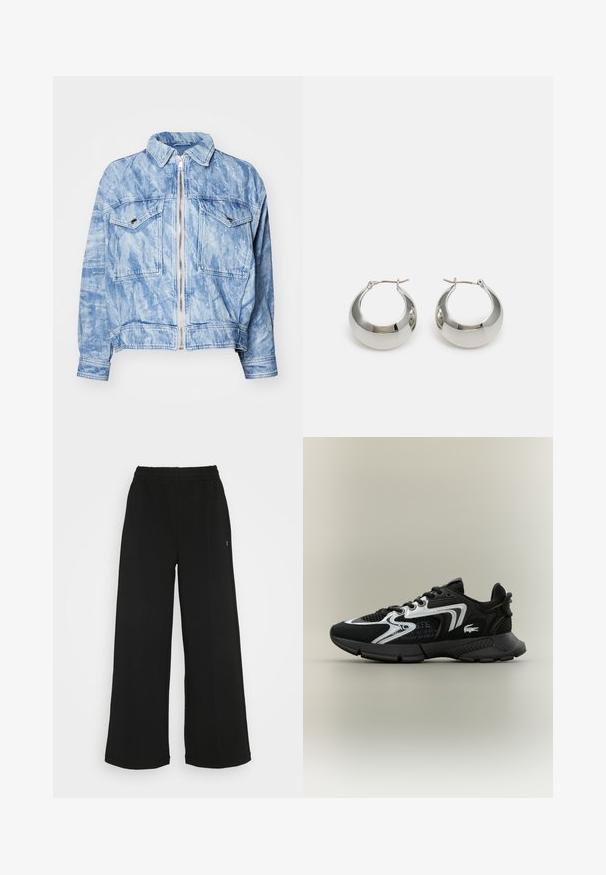 Vaaleansininen farkkutakki, jossa on vetoketjukiinnitys, kaksi rintataskua ja kaulus. Täydentävät teksturoitu kangas, haalistunut pesu ja tikkausyksityiskohdat.; Valkoinen puuvillainen T-paita, jossa on pyöreä pääntie ja lyhyet hihat. Rintataskussa vihreä brodeerattu logo. Pehmeä rakenne, rento istuvuus.; Mustat leveälahkeiset housut, joissa on joustava vyötärö. Valmistettu pehmeästä, kevyestä materiaalista. Etupuolella pystysaumat.; Mustat urheilukengät, joissa on verkkopaneeleita, hopeisia yksityiskohtia ja tekstuurisia mustia päällysteitä. Varustettu nauhoilla ja kaarevalla, tukevalla ulkopohjalla.; Hopepronssi metalliset korvakorut, joissa on sileä, kiiltävä pinta ja rakenteellinen, pyöristetty muotoilu. Varustettu käänteellisellä lukolla turvallista käyttöä varten.