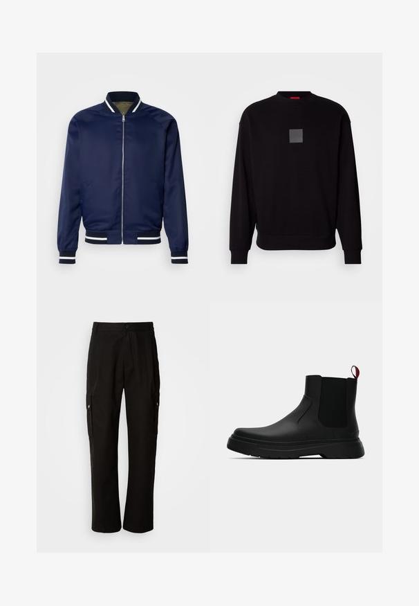 Veste bomber marine en tissu lisse ; dotée de poignets et d'un col rayés blancs et marins, fermeture éclair à l'avant et poches latérales.; Sweatshirt noir à manches longues, col rond, avec un logo carré gris à l'avant, texture douce, et poignets et ourlet côtelés.; Pantalons cargo noirs en coton avec une coupe décontractée, dotés de poches latérales, d'une fermeture à bouton et de jambes droites. Design simple sans motifs.; Bottines noires avec une finition lisse, des panneaux latéraux élastiques et une languette rouge contrastante, présentant une semelle en caoutchouc épaisse et un bout arrondi.