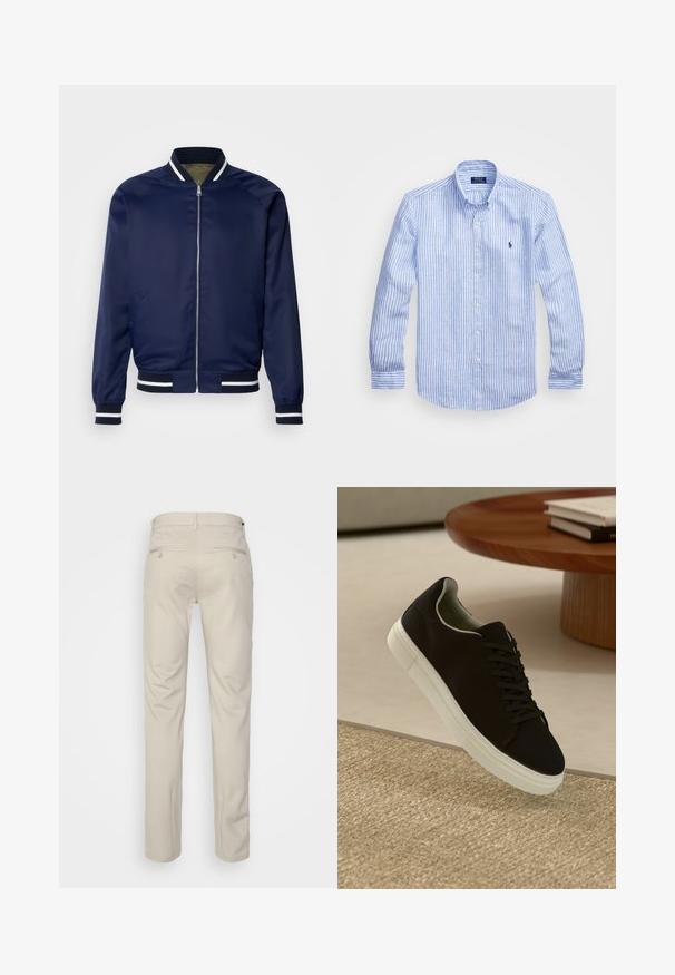 Mere jakk navy-stiilis, mis on valmistatud siledast kangast; omab valgete ja navy-risti soonikute mansette ja kraed, lukuga esist, ning küljejobbide taskuid.; Sinine ja valge triibuline pikkade varrukatega särk, mis on valmistatud puuvillast, ning millel on nööbitav krae, esi-nööbid ja väikese tikandiga logo rinnal.; Bež püksid siledas tekstuuris, sirge lõikega, kahe nööpidega tagataskuga ja tavalise vöökohaga.; Mustad musta tossuga valge tallaga, mis hõljub beeži tekstuuriga vaiba kohal, ümaral puidust laual, mille peal on kokku virnastatud raamatud.