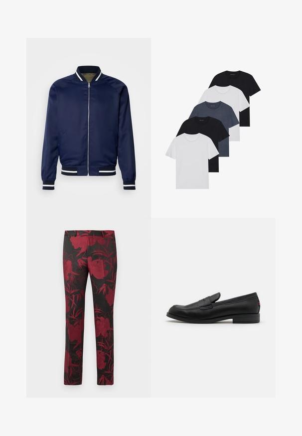 Veste bomber marine en tissu lisse ; dotée de poignets et d'un col rayés blancs et marins, fermeture éclair à l'avant et poches latérales.; Ensemble de cinq t-shirts en noir, blanc et bleu marine. Tissu en coton, manches courtes, design col rond et texture unie sans motifs.; Pantalons noirs à motif floral jaune profond, avec une texture lisse et une coupe ajustée. Taille standard et coupe droite.; Mocassins en cuir noir avec une finition lisse, un bout arrondi et une petite flèche décorative. Dotés d'un petit talon empilé et d'un détail de marque subtil.