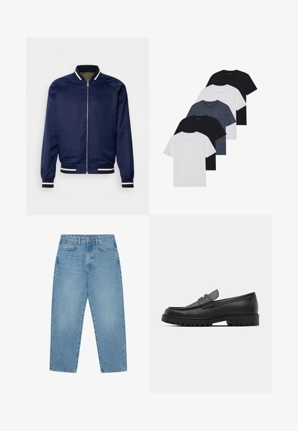 Laivaston pommitustakki valmistettu sileästä kankaasta; siinä on valkoiset ja laivaston siniset raidalliset hihansuut ja kaulus, vetoketjusuljenta ja sivutaskut.; Viisi t-paitaa mustana, valkoisena ja tummansinisena. Puuvillakankainen, lyhyet hihat, pyöreä kaula-aukko ja yksinkertainen pinta ilman kuvioita.; Vaaleansiniset leveälahkeiset farkut korkealla vyötäröllä, joissa on viisi taskua, vyölenkit ja pehmeä, hieman haalistunut pinta.; Musta nahkaloafers, joissa on pyöreä kärki, ommeltu pinta, matala alusta ja kuvioitu, kuminen ulkopohja.