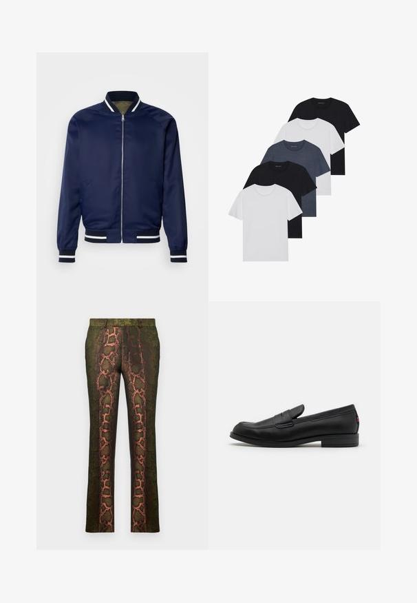 Námornícky bombardérska bunda z hladkej tkaniny; má biele a námornícke pruhované manžety a golier, zips na prednej strane a bočné vrecká.; Sada piatich tričiek v čiernej, bielej a námorníckej modrej farbe. Bavlnený materiál, krátke rukávy, dizajn s okrúhlym výstrihom a hladká textúra bez vzorov.; Zelené vzorované nohavice s designom hadieho potlače v odtieňoch hnedého a oranžového, rovného strihu a hladkej textúre.; Čierne kožené loafers s hladkým povrchom, zaoblenou špičkou a malým dekoratívnym klapom. Vlastnosti zahŕňajú nízky vrstvený podpätok a decentný branding.