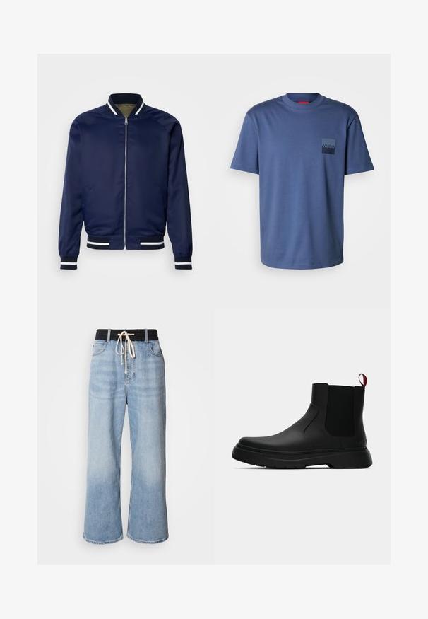 Jūras spēku bumbvedēja jaka, izgatavota no gludas auduma; tai ir baltas un tumši zilas svītras pie aprocēm un apkakles, ar rāvējslēdzēju priekšā un sānu kabatām.; Zils īsām piedurknēm T-krekls, kas izgatavots no mīksta kokvilnas, ar kvadrātu kabatu un tumši zilā krāsā izstrādātu logotipu. Klasisks apaļais kakla izgriezums.; Gaiši zili plati bikses ar melnu elastīgu jostu, kam ir aukliņas aizdare un klasiskā piecu kabatu dizains.; Melnas potītes ar gludu apdari, elastīgiem sānu paneļiem un kontrastējošu sarkano cilpu, aprīkotas ar biezu gumijas zoli un noapaļotu purngalu.